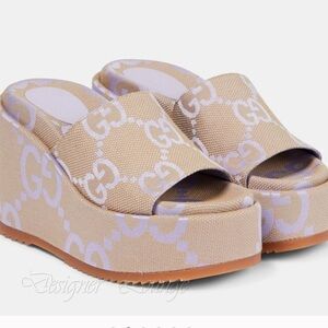 Authentic Gucci Cream GG Canvas Platform Slide Sandals